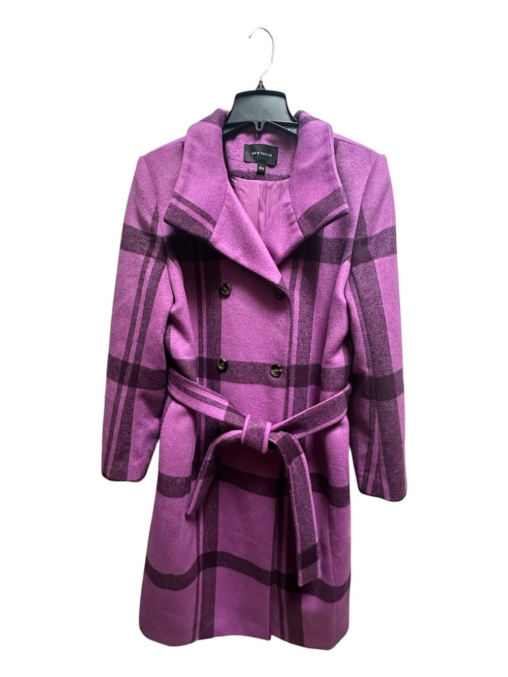 Anne Klein Purple Plaid Belted Pea Coat